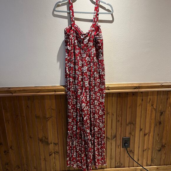 American Eagle Women's Red Floral Wide Leg Jumpsuit Sz 4 Boho Spring - Picture 2 of 7